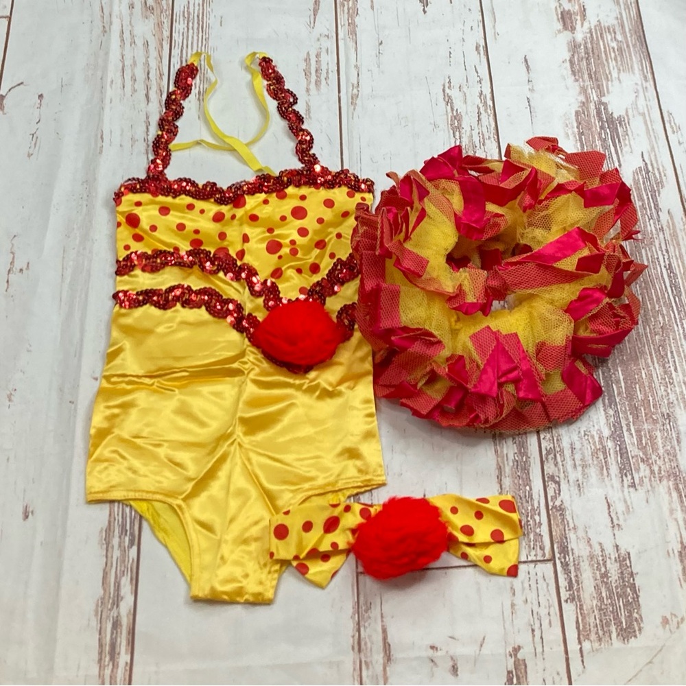 Handmade Leotard and Tutu Yellow & Red Sequins Polka Dot Sz 3-5YR